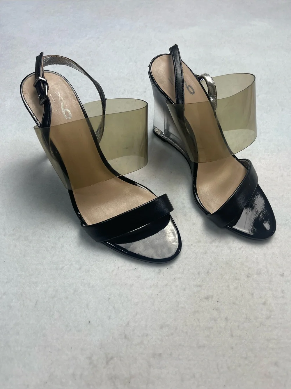 Mix No. 6 Black Patent and Smoky PVC Clear Wedge Sandals